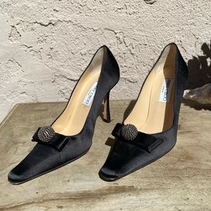 Vintage 1990s Jimmy Choo black satin crystal ball embellished pumps